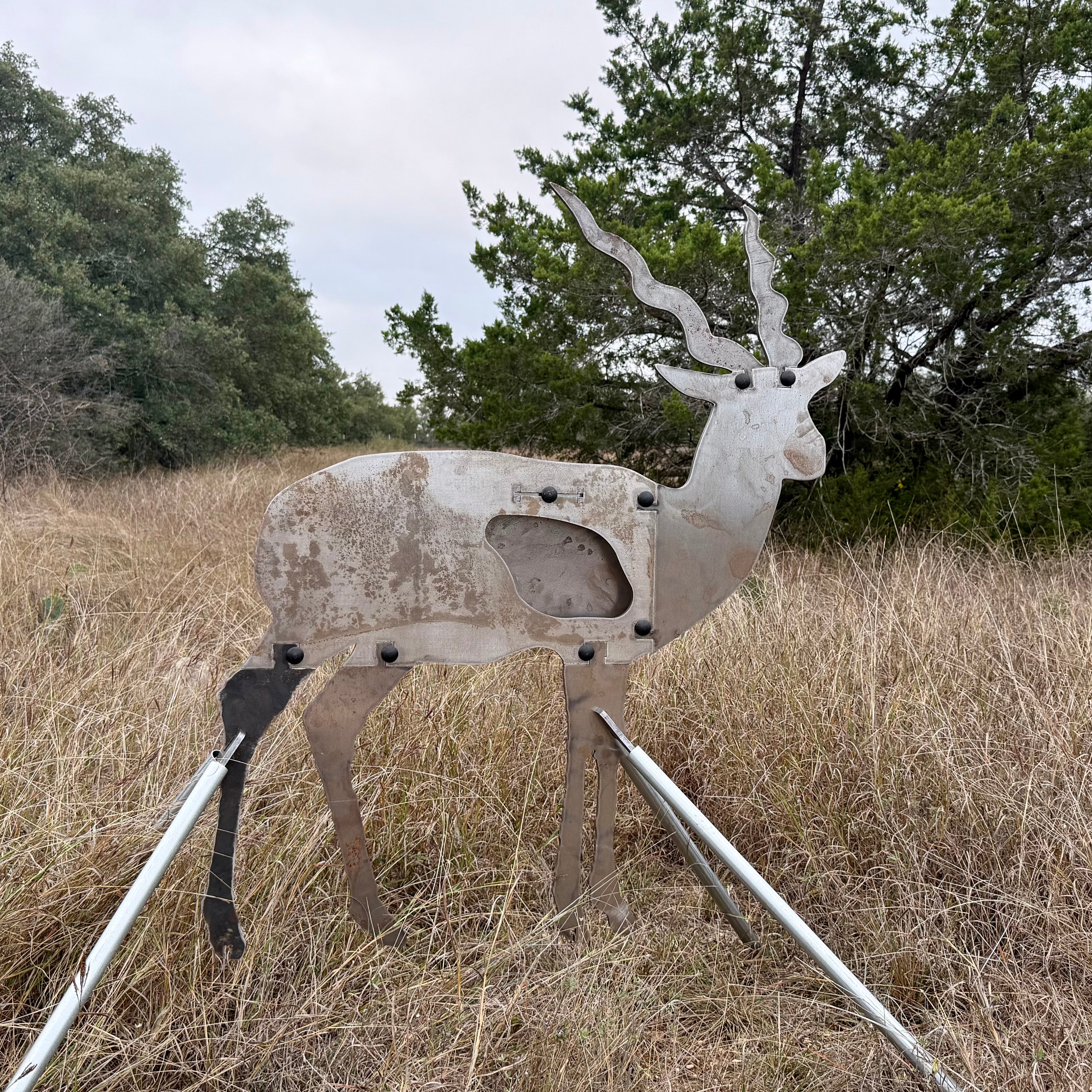 AR500 Steel Blackbuck target on a stand in a grassy outdoor area with trees in the background