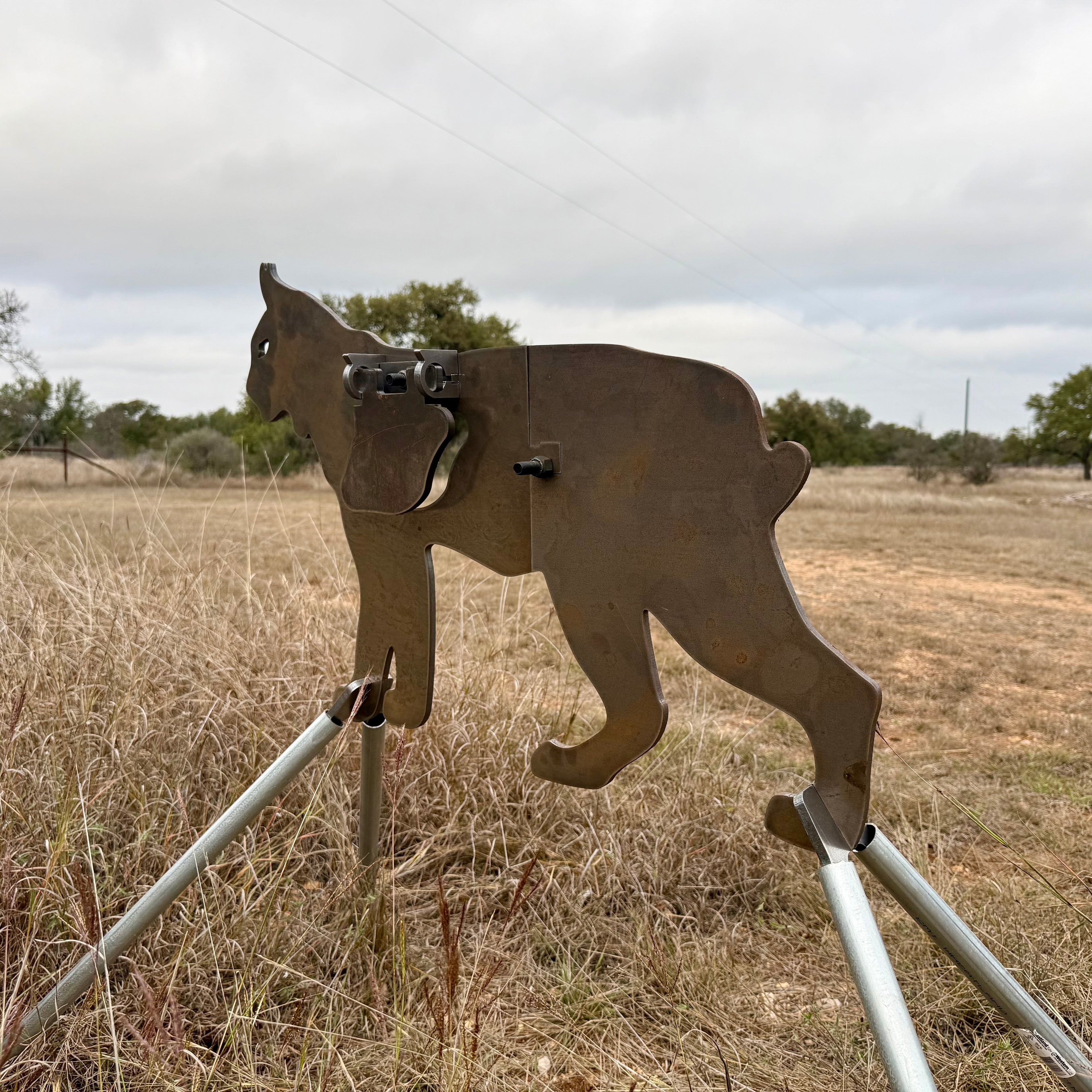 AR500 Steel Bobcat target on a stand in a grassy outdoor area with trees in the background