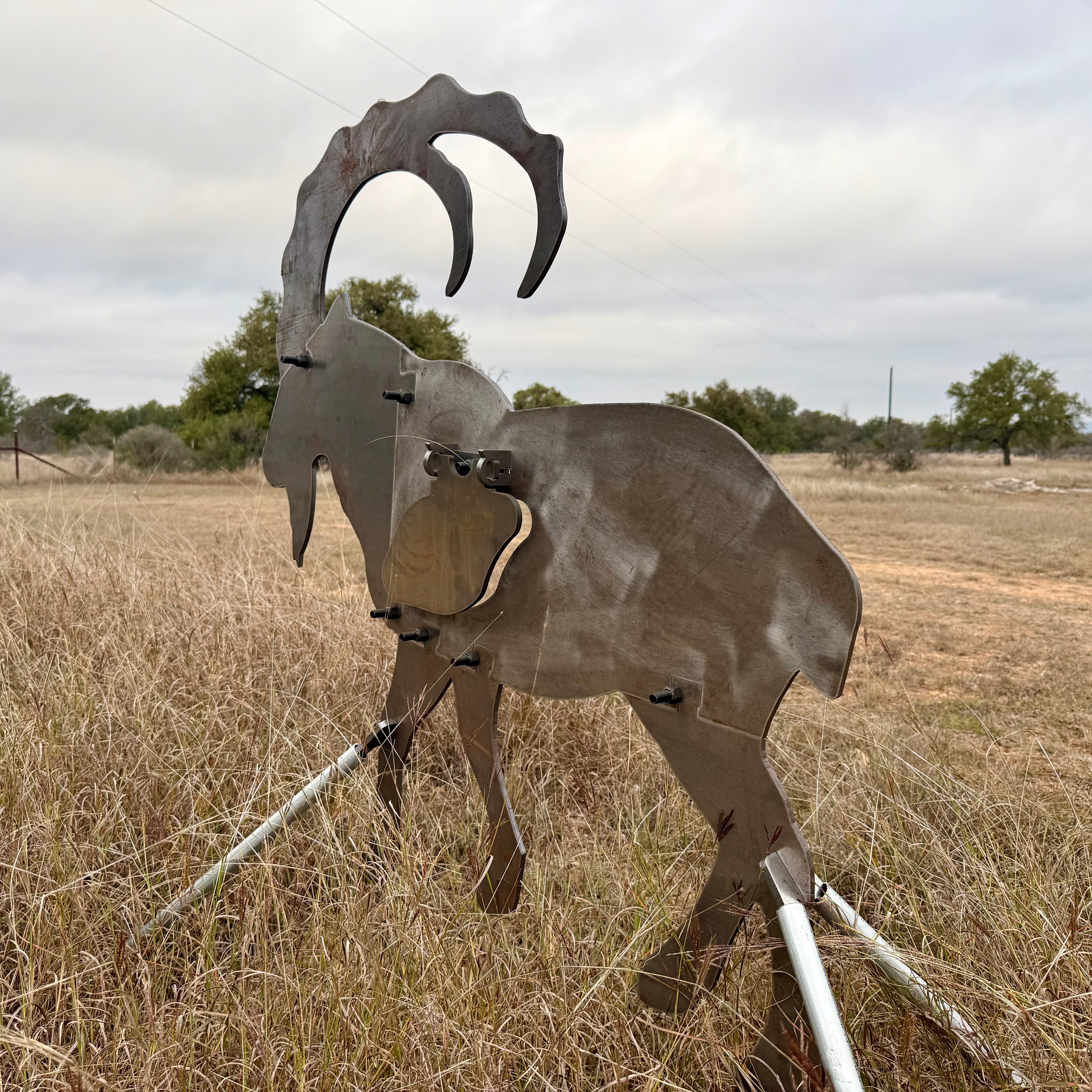 AR500 Steel Ibex Ram target on a stand in a grassy field with sky in the background